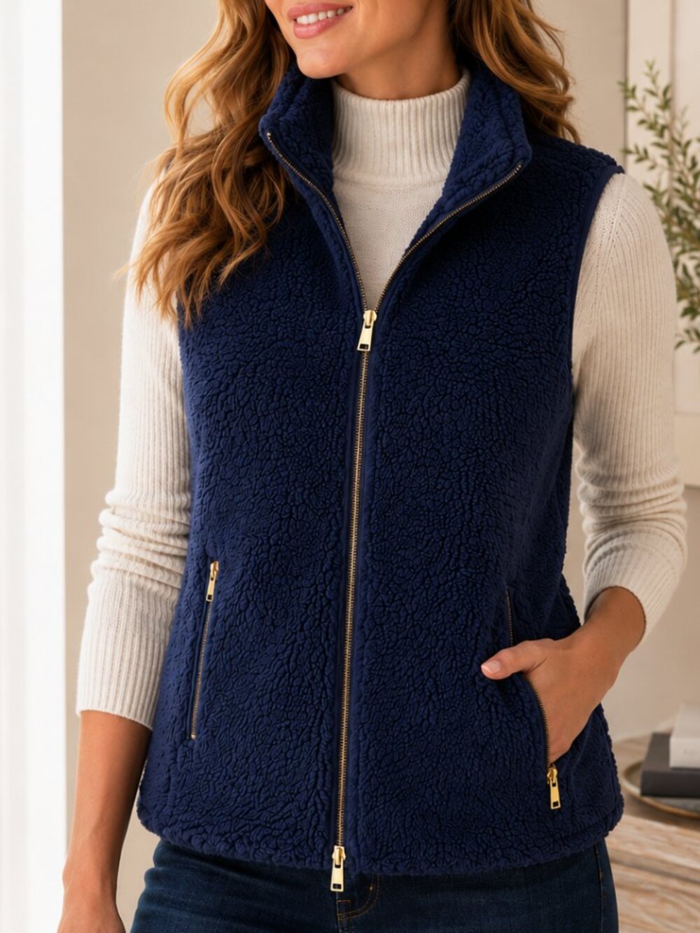 J. Crew Excursion Sherpa Fleece Vest Navy Blue Zip Front M